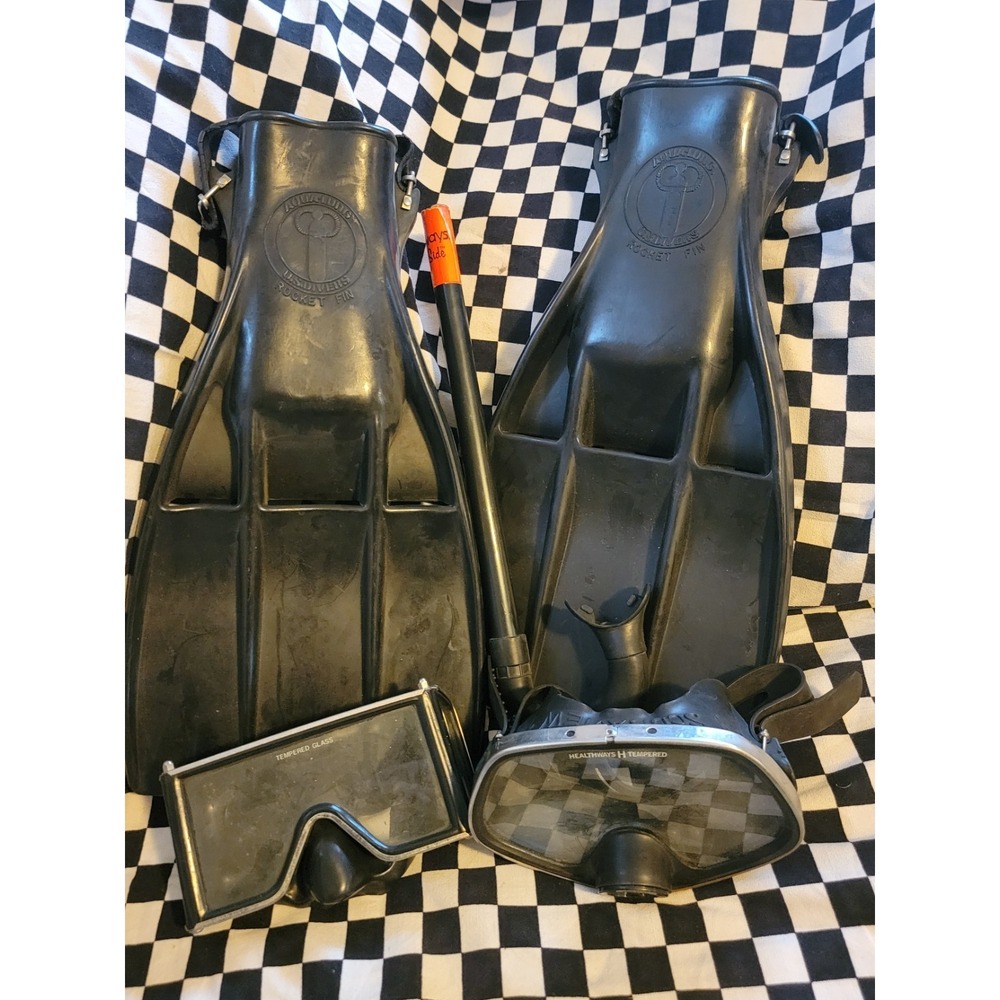 Vintage U.S. Divers Aqua Lung Rocket Fins + Mask Snorkel Set Black